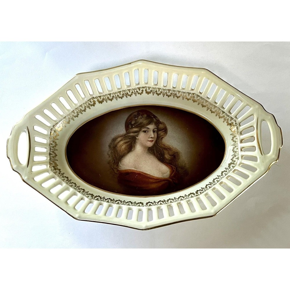 Antique Porcelain Portrait Dish Victorian Beauty Reticulated Bavaria German Tray
